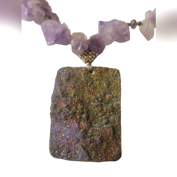 Artistic Amethyst Purple Clear Crystal Necklace Druzy Pyrite Agate Pendant - Picture 3 of 6